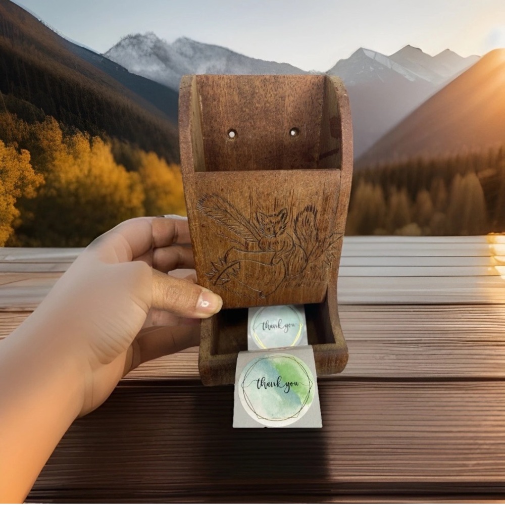 Wood Hanging Matchsticks Holder Chipmunk Squirrel Carved Wood Vintage Labels Box